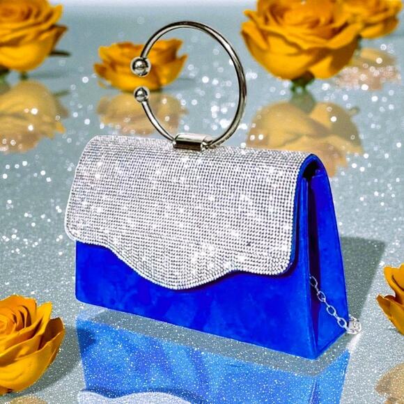 Purse Blue Suede with Rhinestones on flap and silver handle - Picture 1 of 3